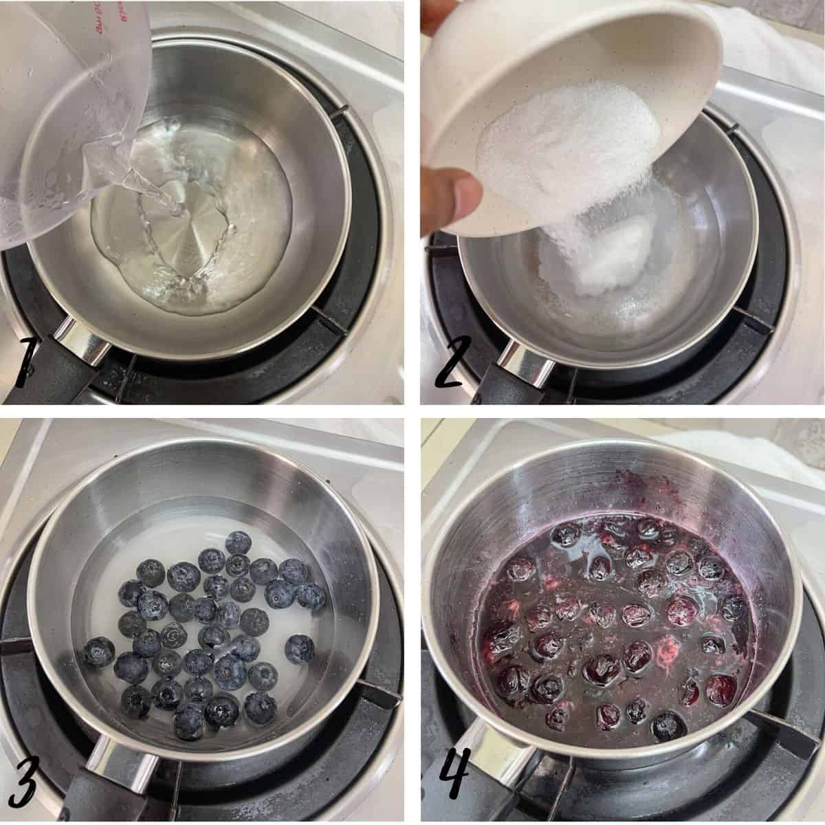 A poster of 4 images showing how to make blueberry syrup for blueberry soda drink.