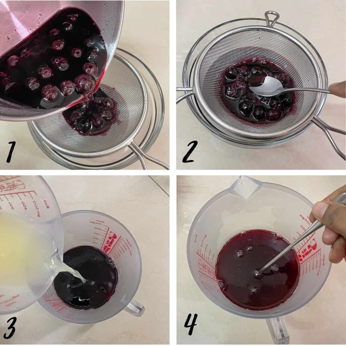 A poster of 4 images showing how to strain cooked blueberries to make blueberry syrup