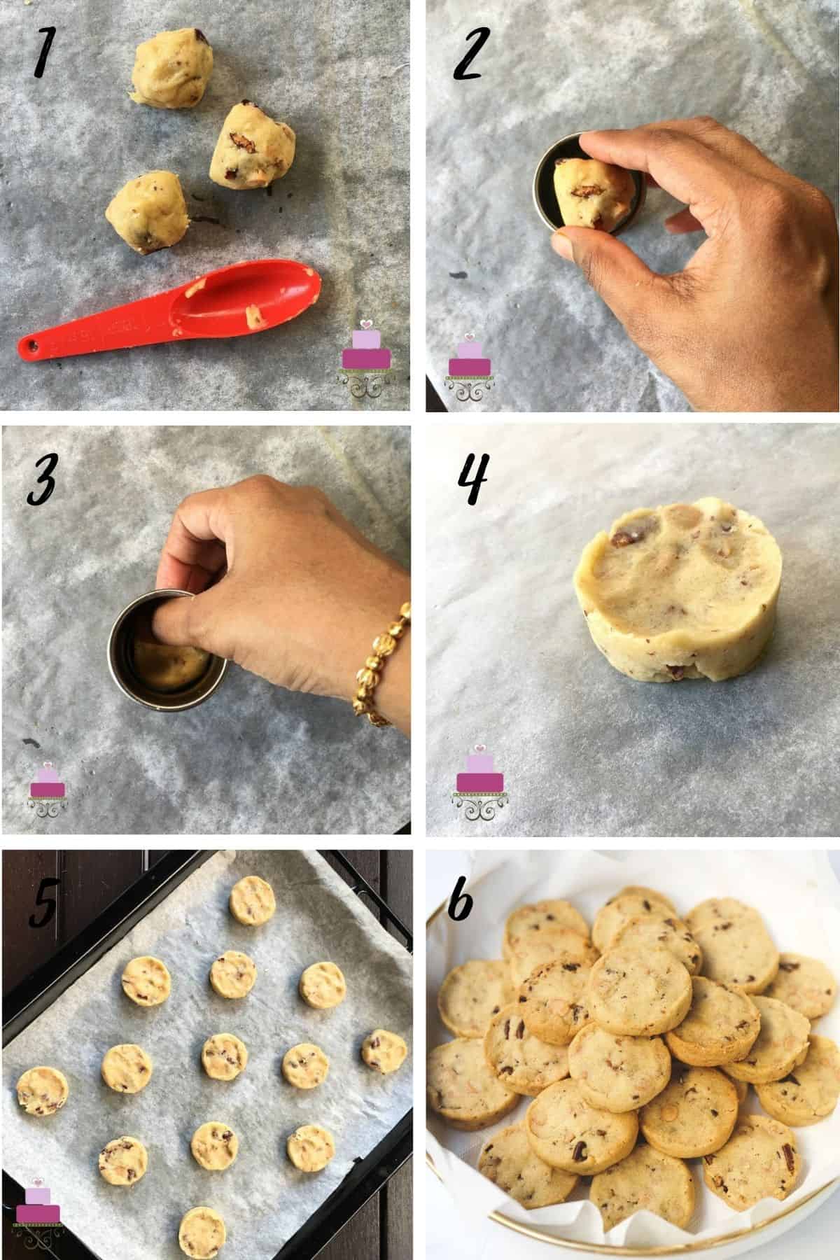 A poster of 6 images showing how to shape cookies with a round cutter.