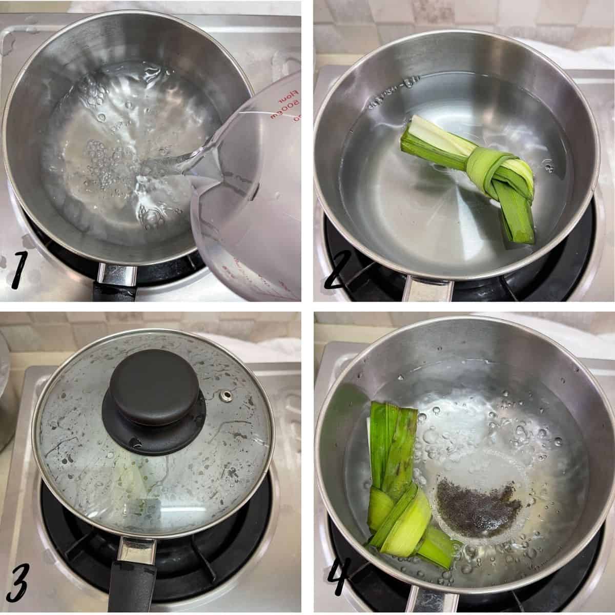 A poster of 4 images showing how to boil water with pandan leaf.
