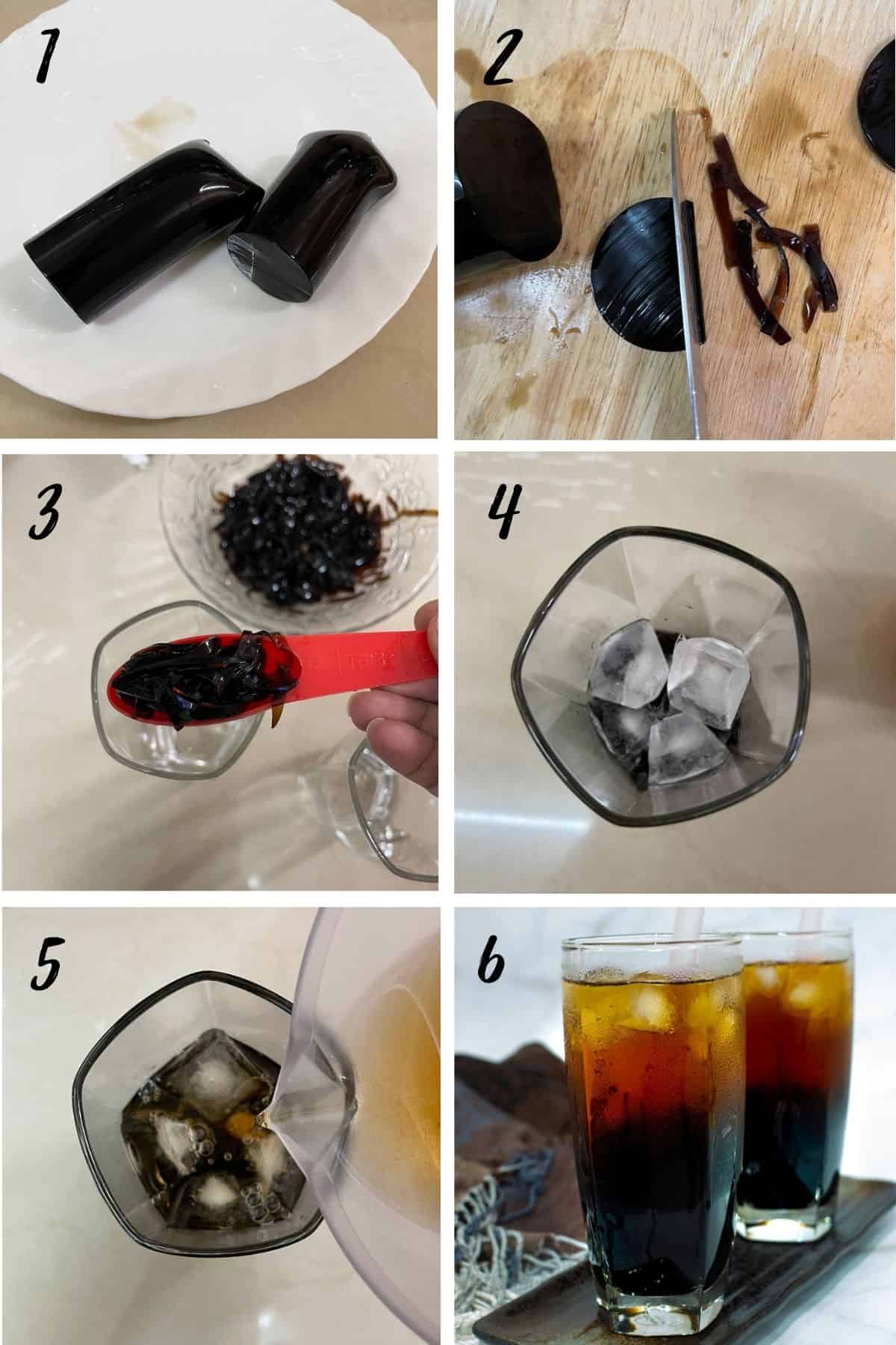 A poster of 6 images showing how to assemble the grass jelly tea.