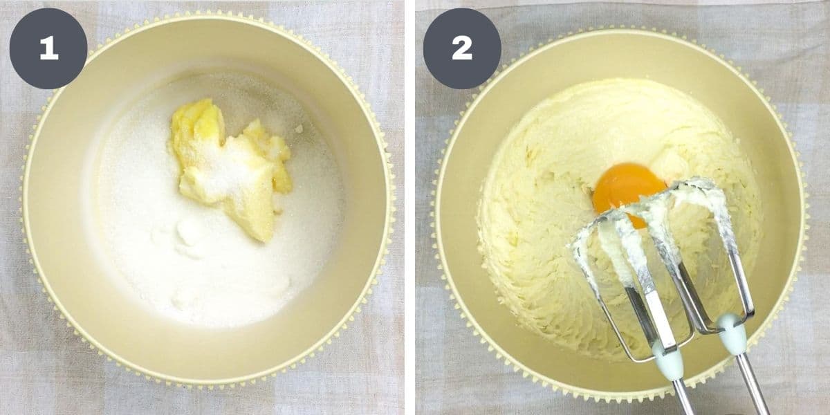 Butter and sugar in a bowl and egg in a bowl of creamed mixture.