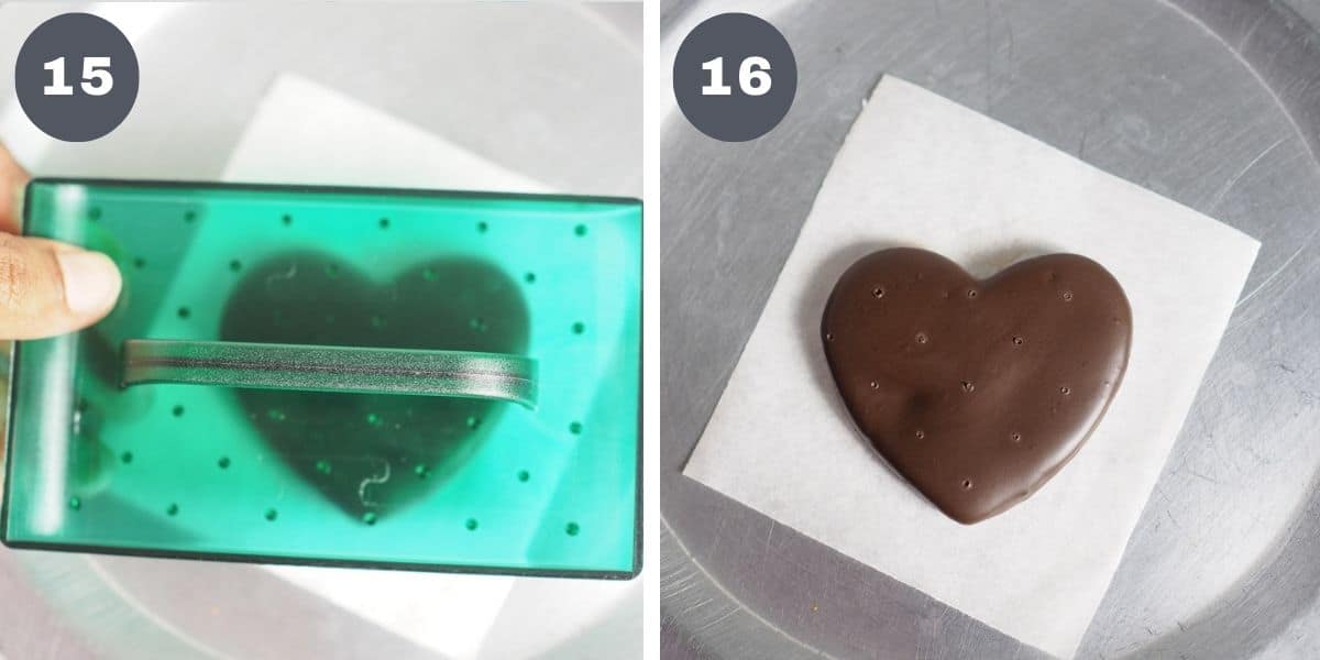 Marking dots on a chocolate cookie with a green tool and a chocolate cookie with dots on the surface.