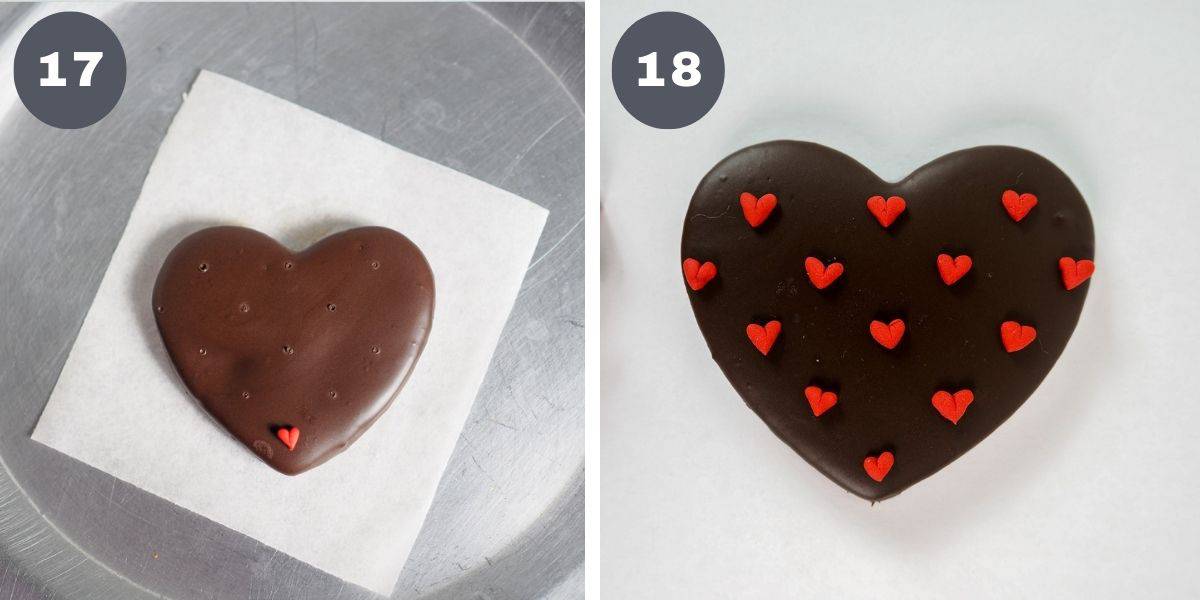 A chocolate covered heart cookie with tiny red fondant hearts.