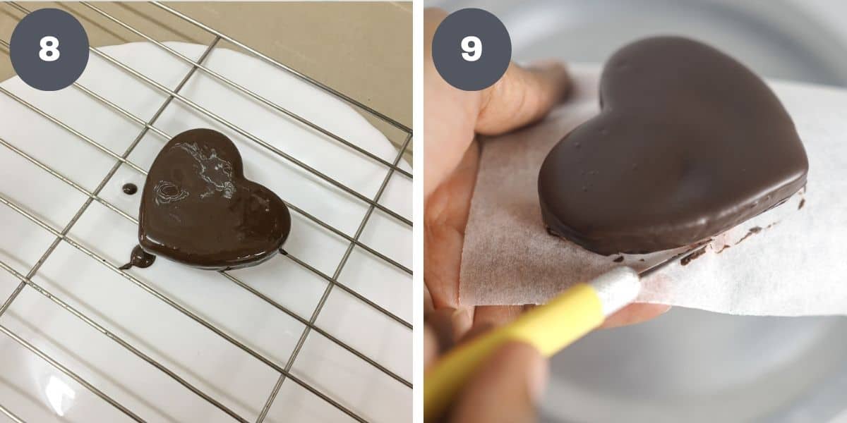 Chocolate covered cookie on a wire rack and using a sugar craft knife to trim excess chocolate off a cookie.