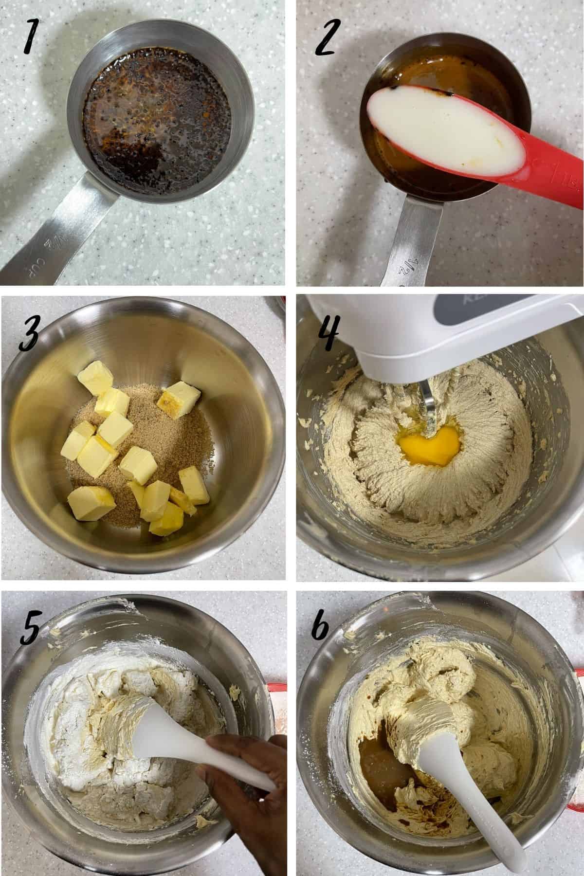 A poster of 6 images showing how to mix instant coffee cake batter
