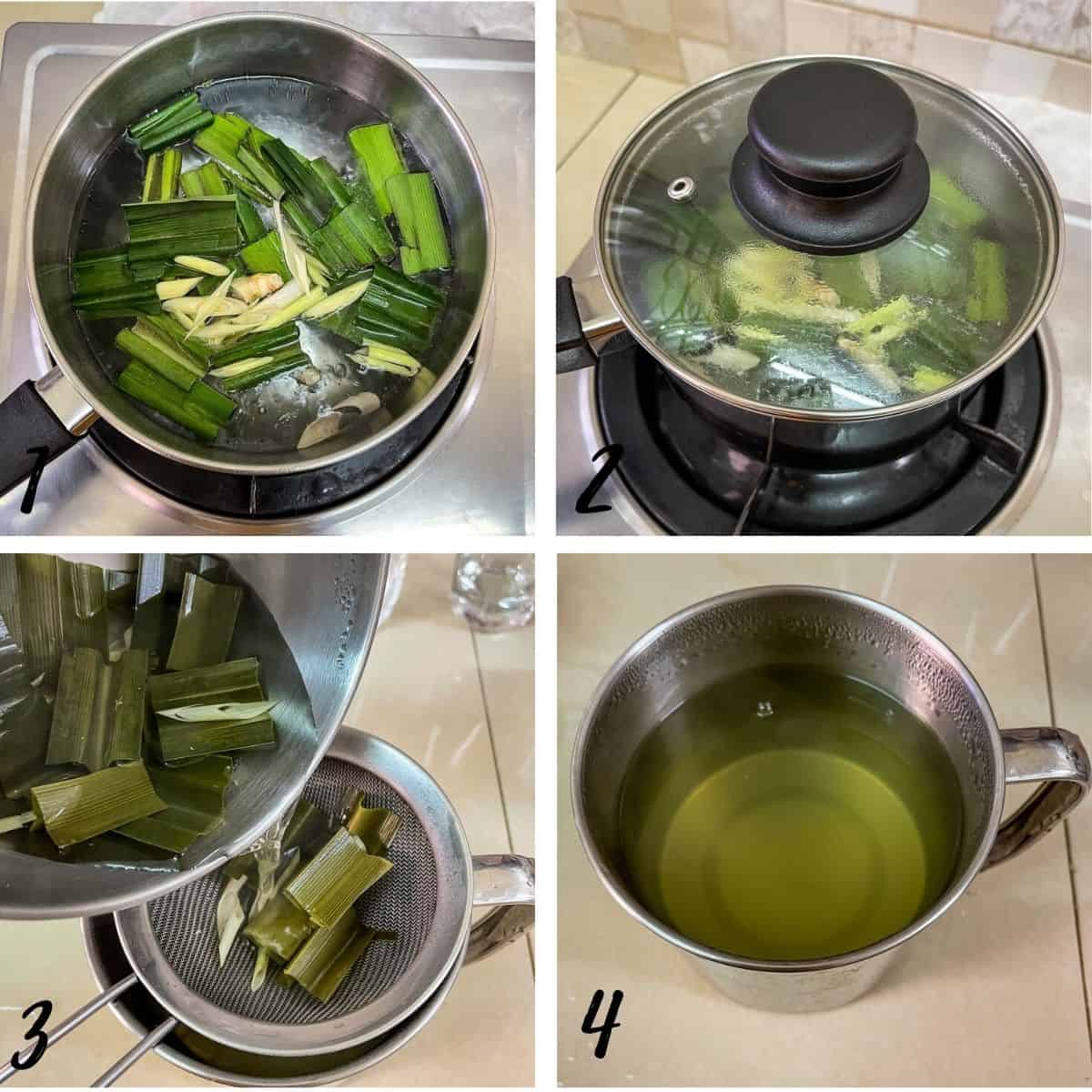 A poster of 4 images showing how to boil and strain lemongrass pandan tea.