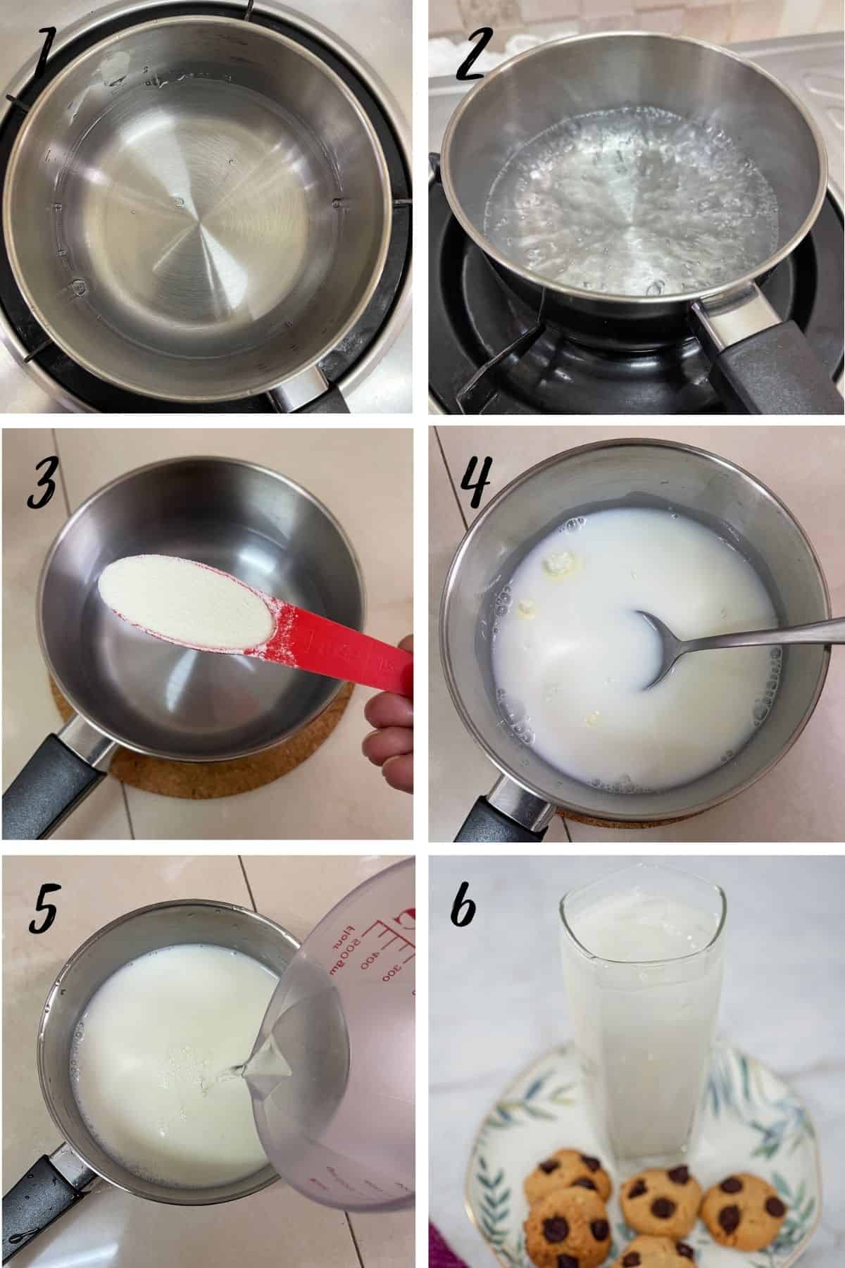A poster of 6 images showing how to make iced milk with milk powder.