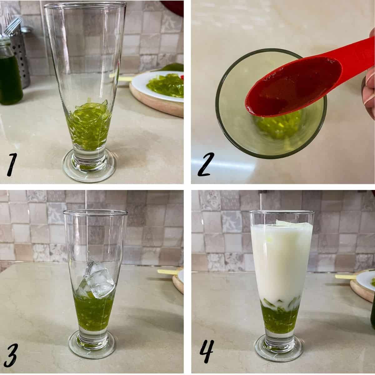 A poster of 4 images showing how to assemble pandan milk with pandan jelly boba.