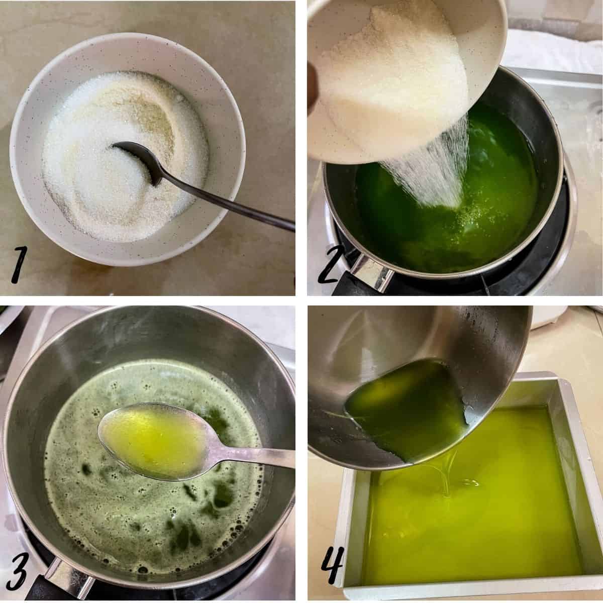 A poster of 4 images showing how to make pandan jelly.