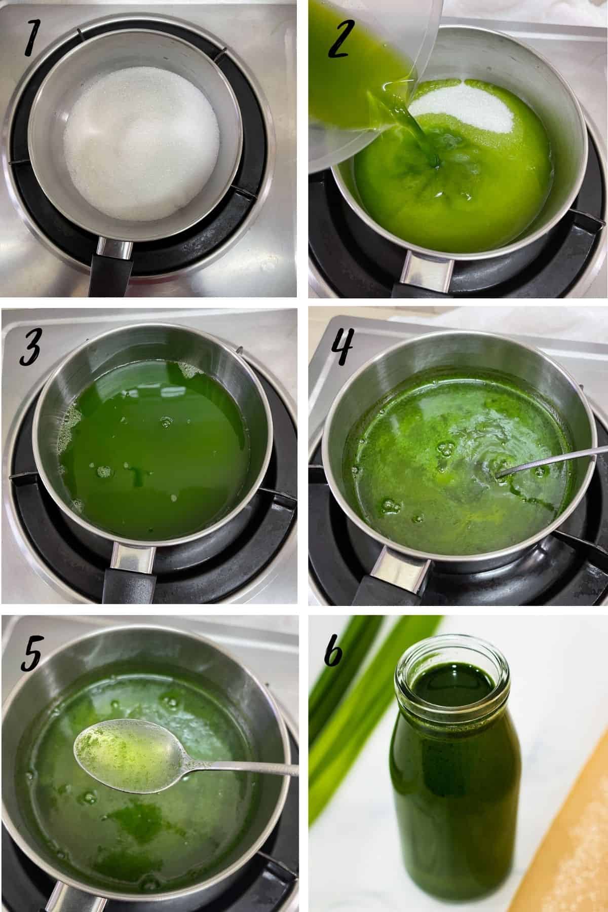 A poster 6 images showing how to make simple pandan syrup.