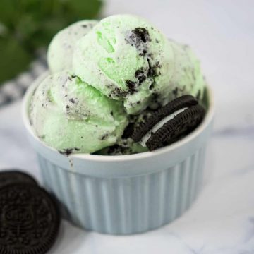 mint cookies and cream ice cream in a