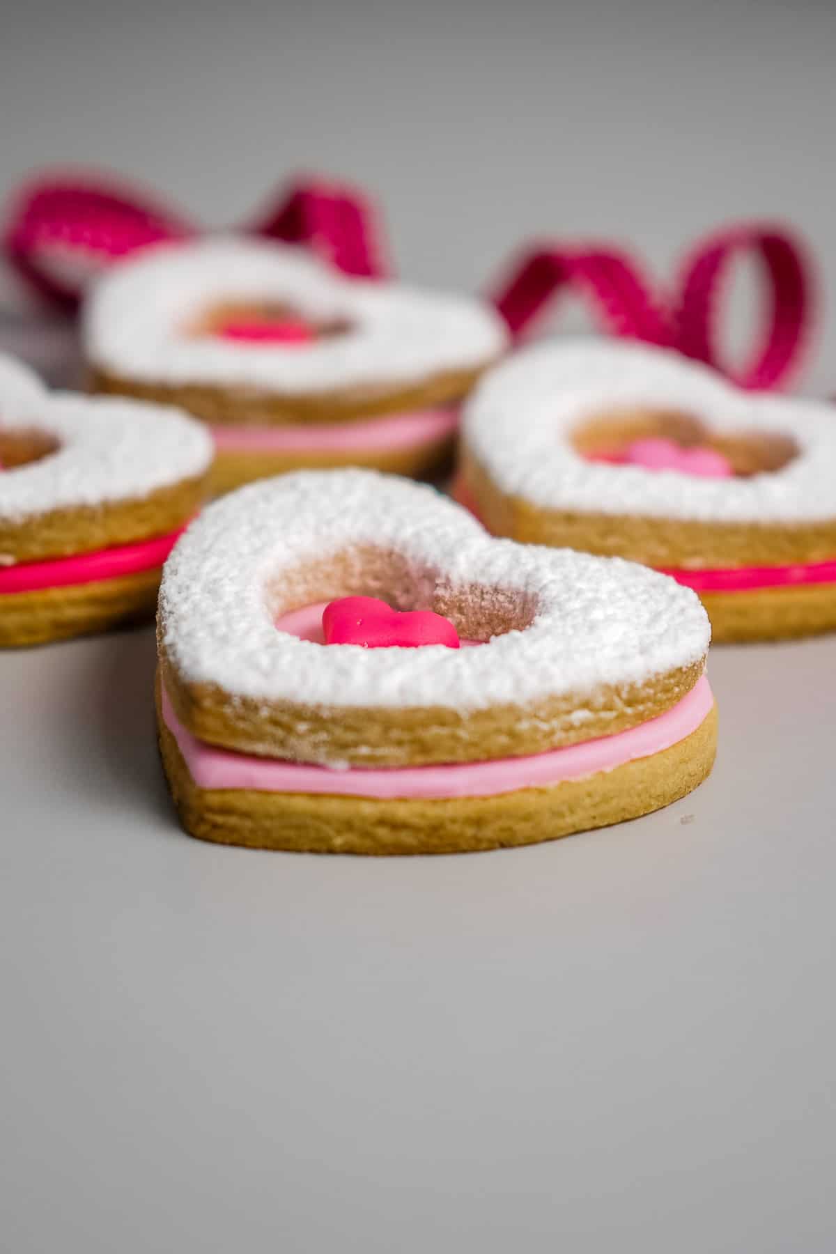 Heart shaped cookies decorated in fondant
