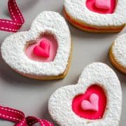 Heart shaped cookies decorated in fondant.