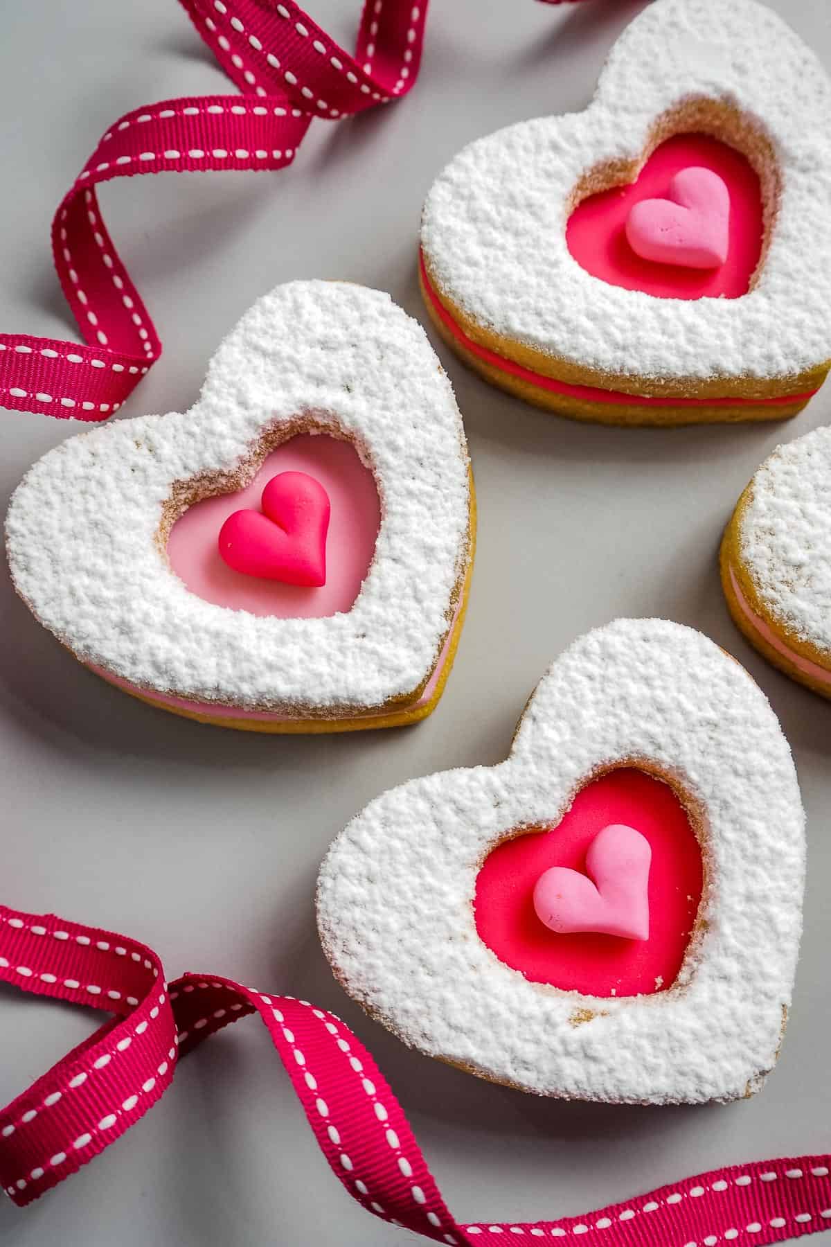 Heart shaped cookies decorated in fondant