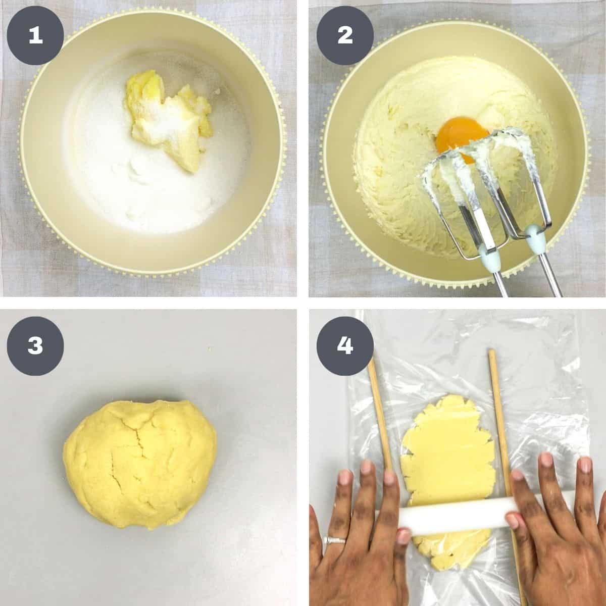 A poster of 4 images showing how to mix cookie dough.