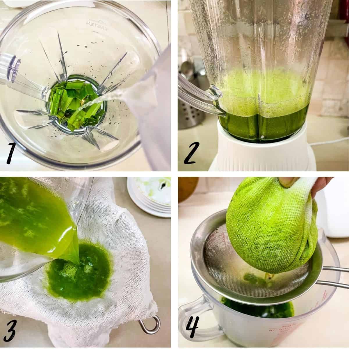 A poster of 4 images showing how to make pandan juice.