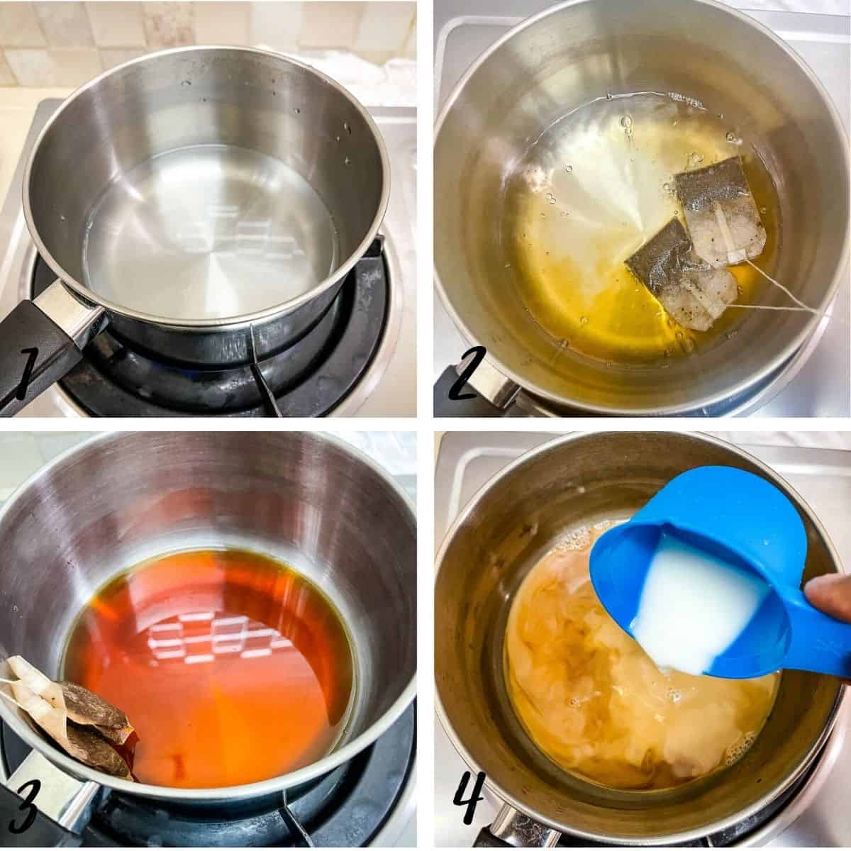 A poster of 4 images showing how to make milk tea.