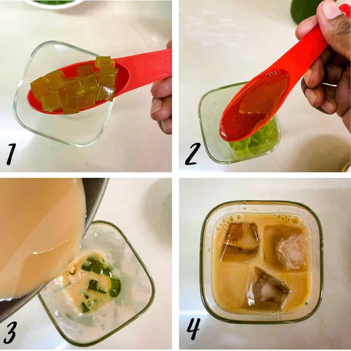 A poster of 4 images showing how to assemble pandan milk tea with pandan boba