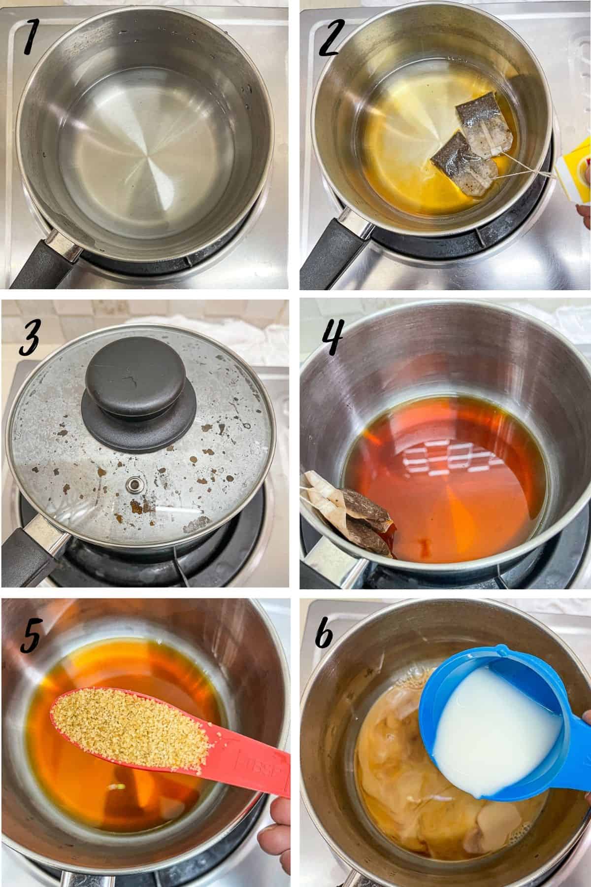 A poster of 6 images showing how to make tea.