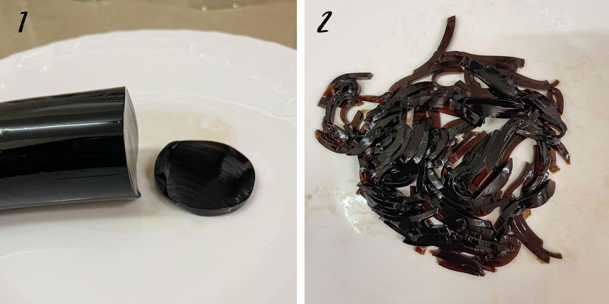 A poster of 2 images showing how to cut grass jelly into strips.