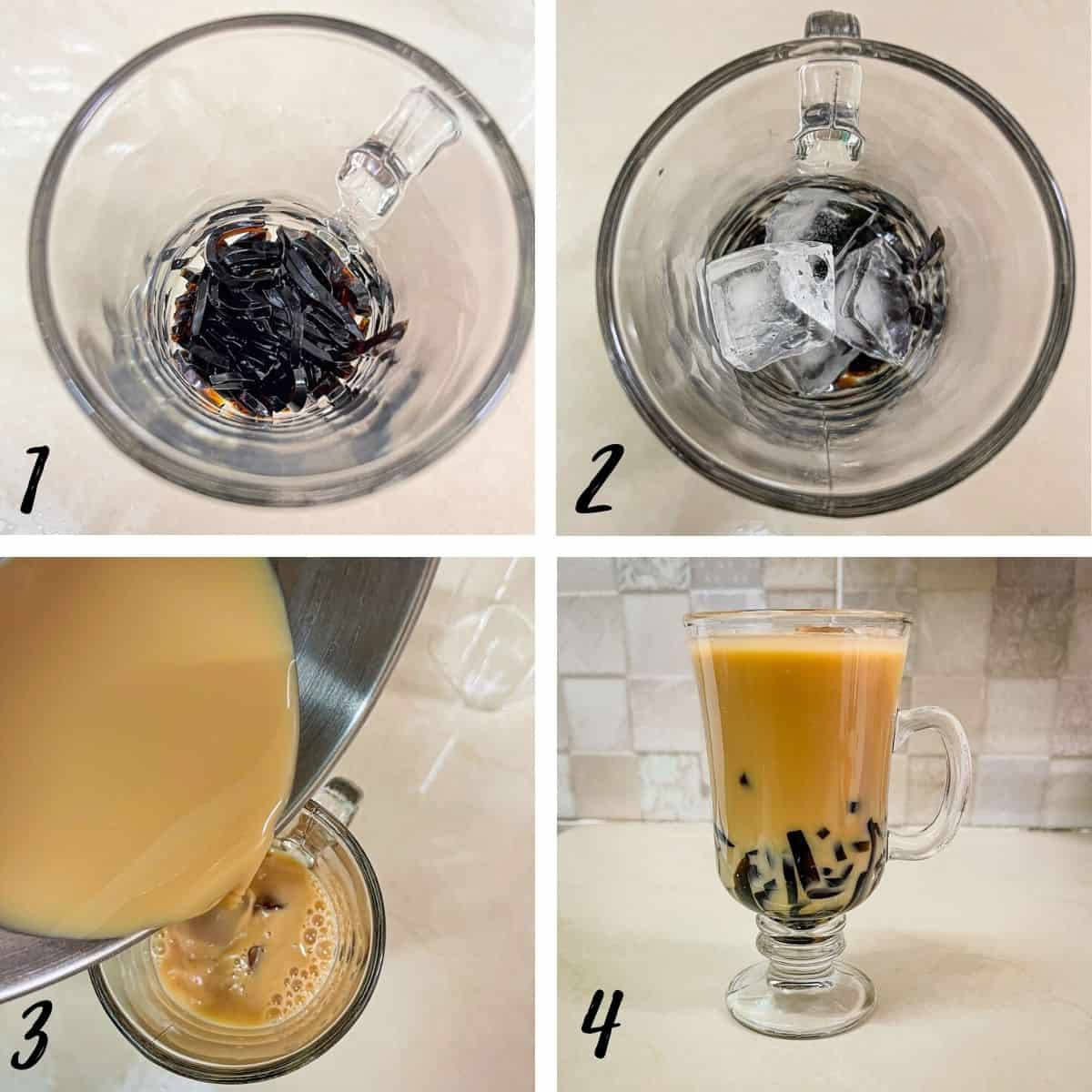 A poster of 4 images showing how to assemble milk tea with grass jelly.