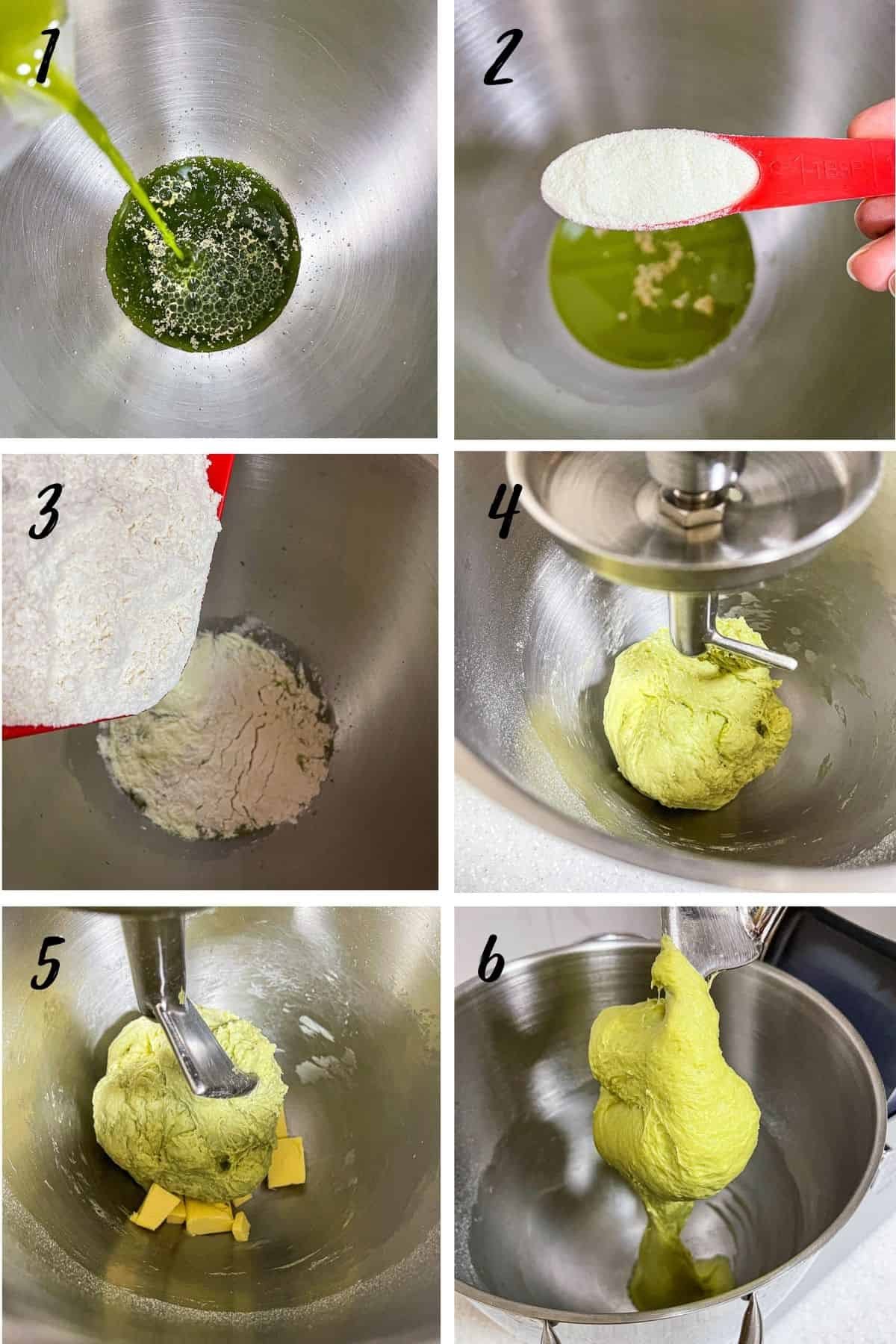 A poster of 6 images showing how to knead pandan milk bread.