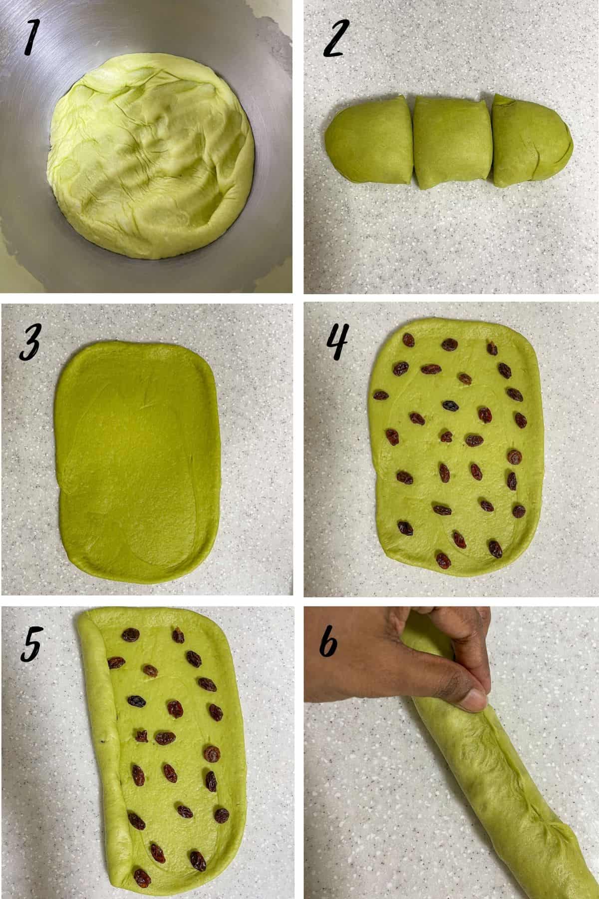 A poster of 6 images showing how to roll dough with raisins.