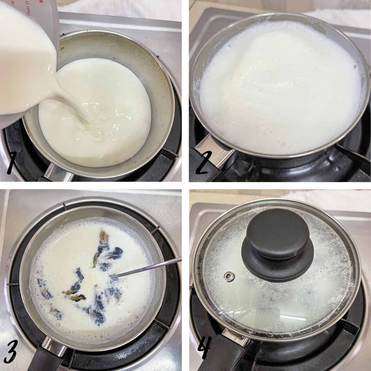 A poster of 4 images showing how to boil milk and make latte with butterfly pea flowers.