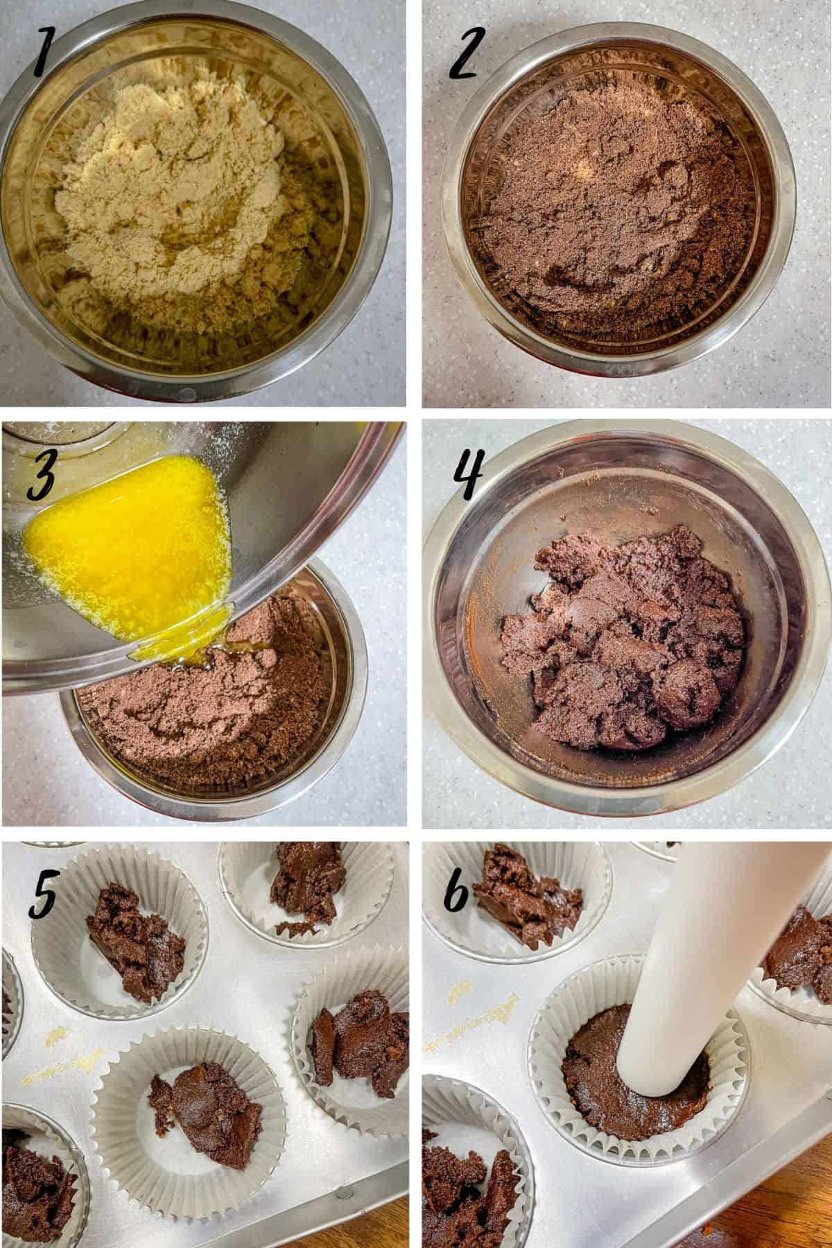 A poster of 6 images showing how to make chocolate cheesecake crust.