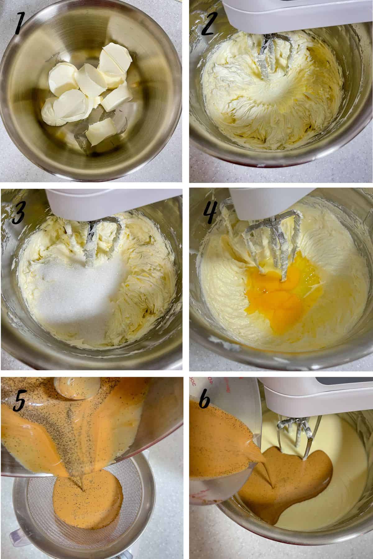 A poster of 6 images showing how to mix cheesecake filling.