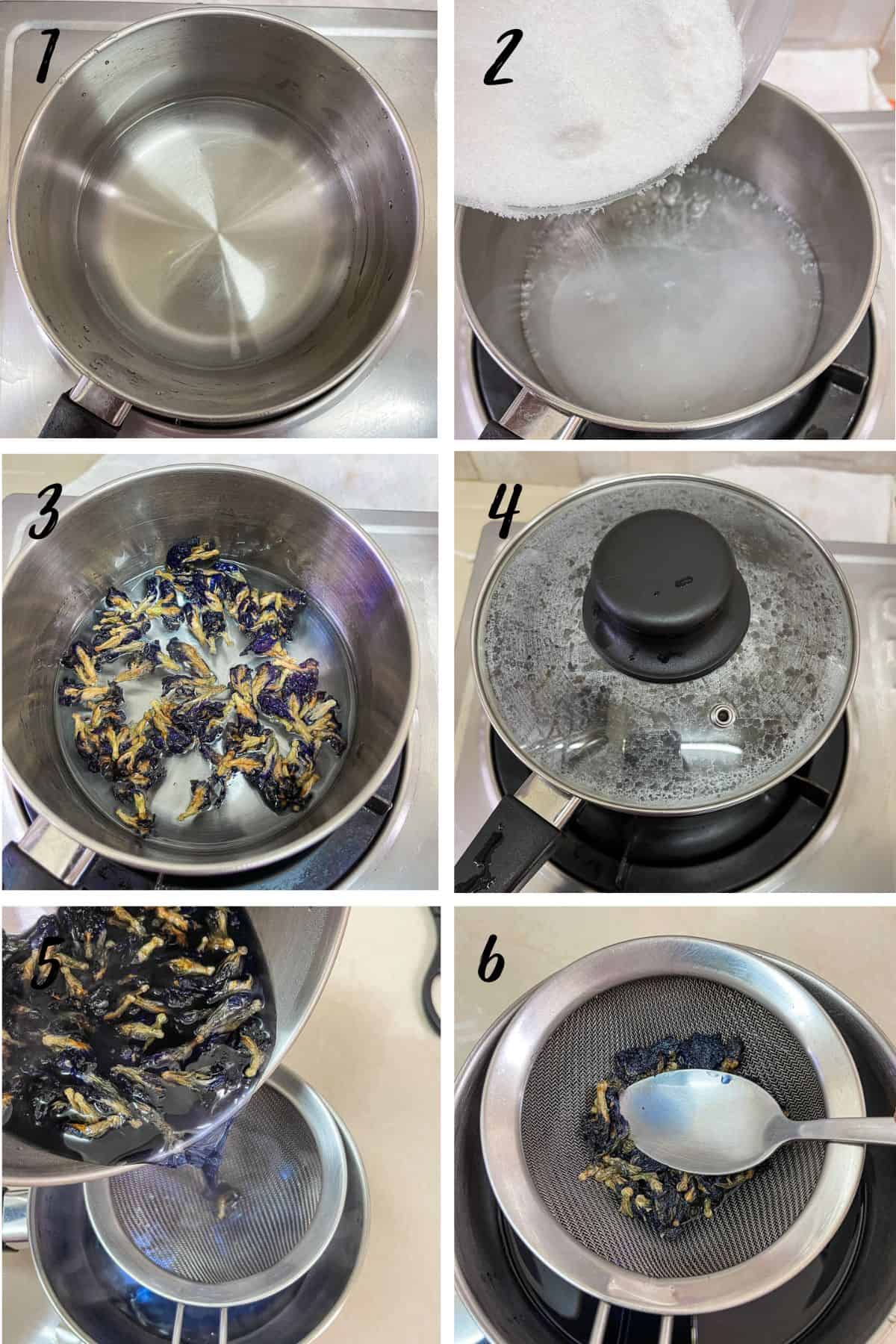 A poster of 6 images showing how to make butterfly pea syrup.