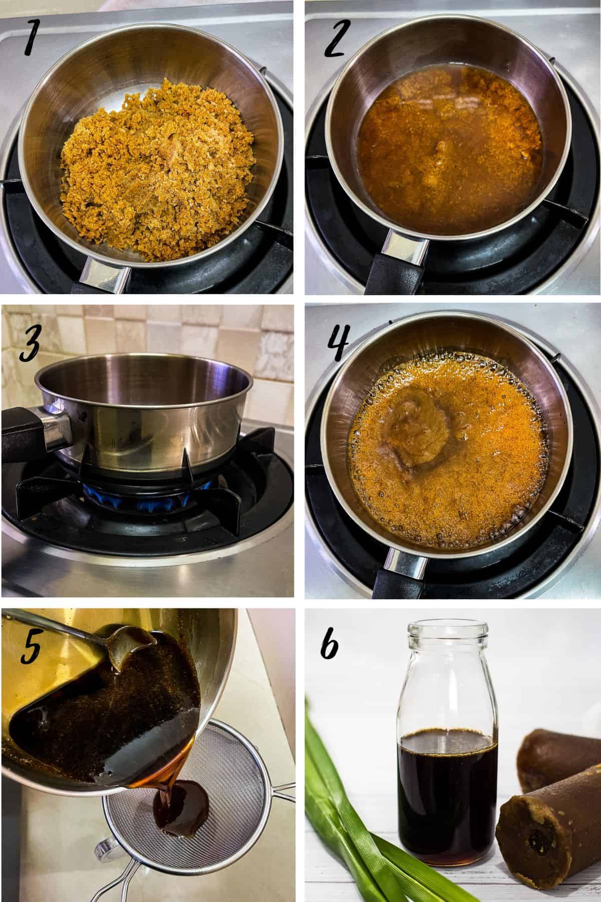 A poster of 6 images showing how to make gula melaka syrup.