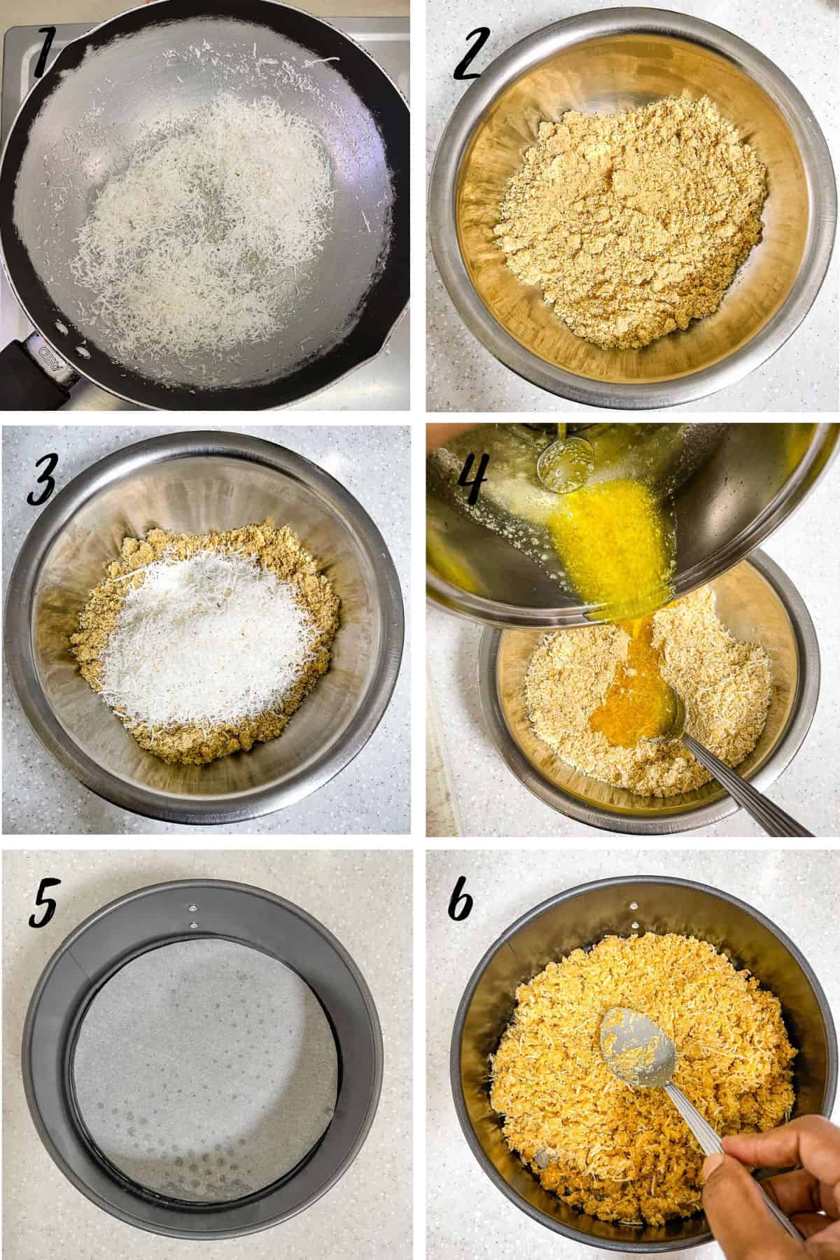 A poster of 6 images showing how to make cheesecake crust with coconut and cookie crumbs.