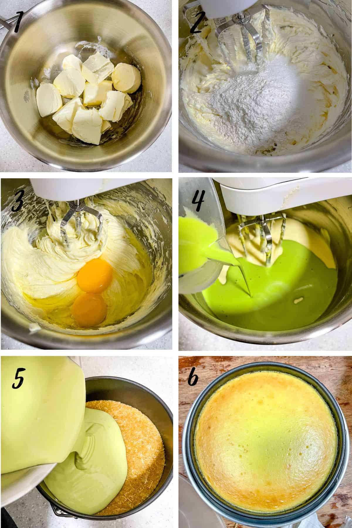 A poster of 6 images showing how to mix pandan cheesecake batter.