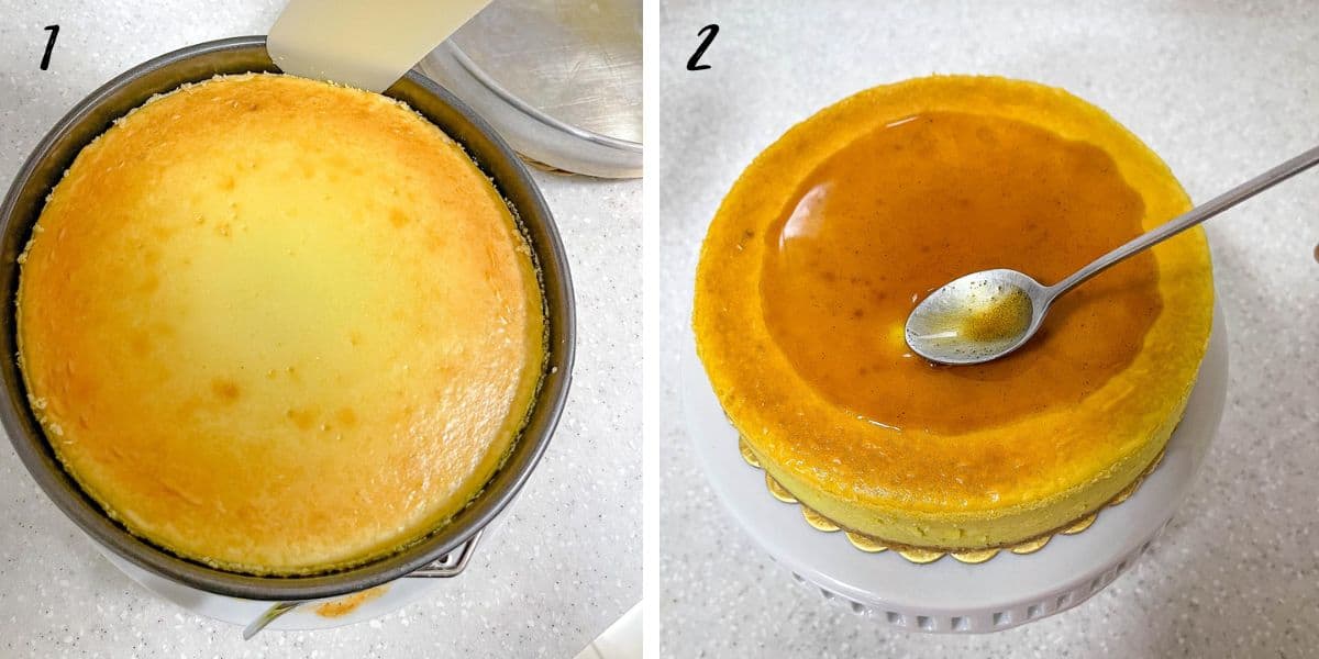A poster of 2 images showing how to remove cheesecake from pan and top with gula melaka syrup.