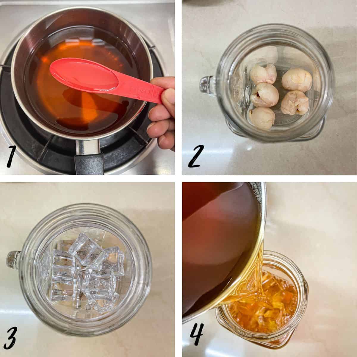 A poster of 4 images showing how to add lychee syrup into black tea and how to assemble lychee tea.