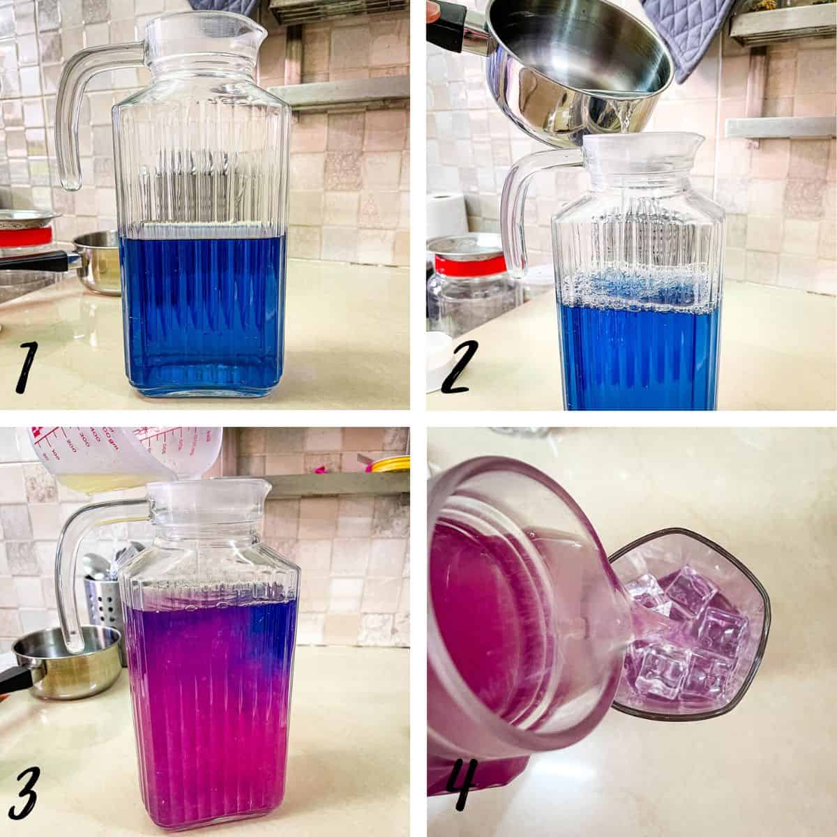 A poster of 4 images showing how to make butterfly pea flower lemonade.