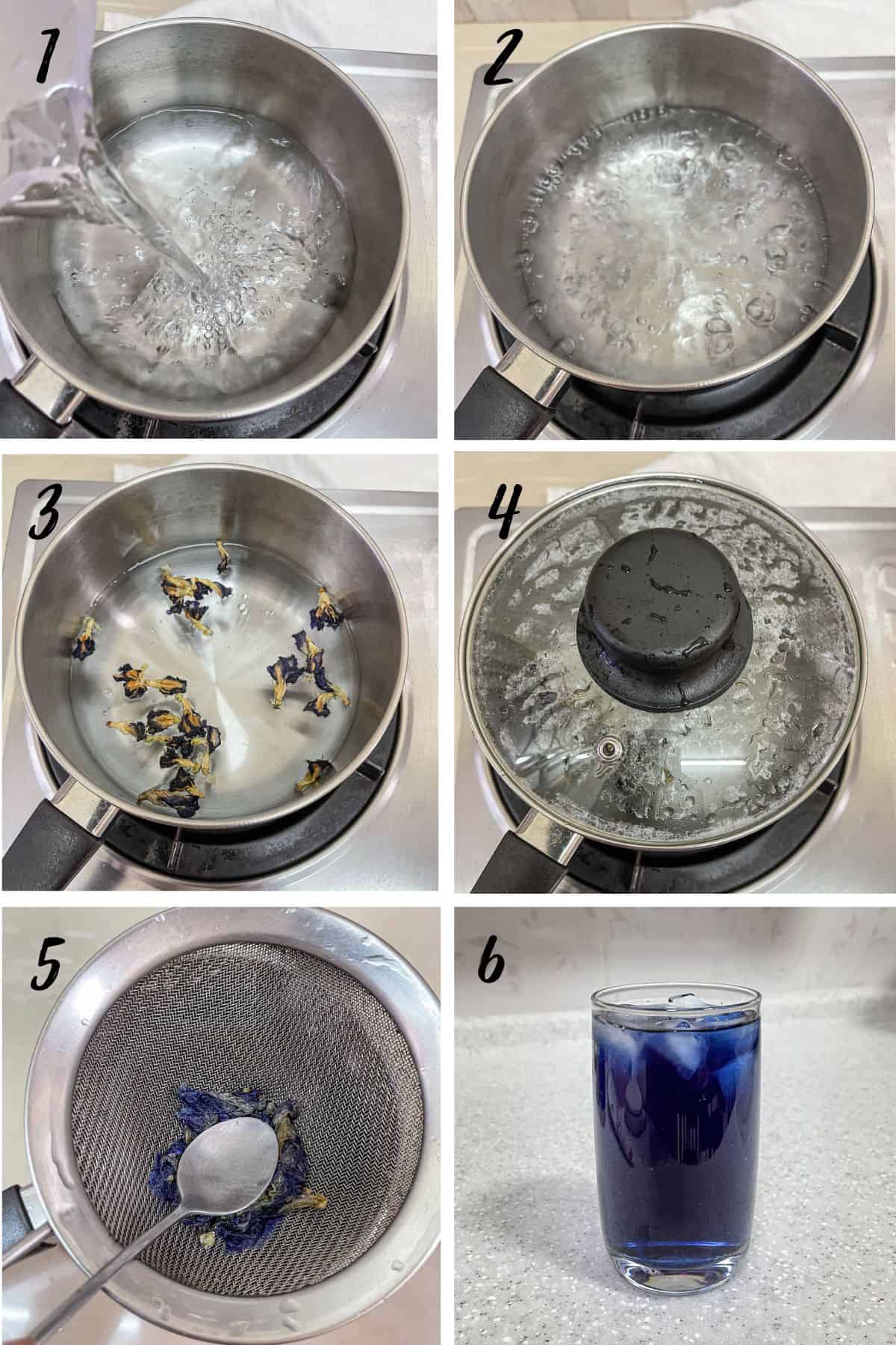 A poster of 6 images showing how to brew butterfly pea tea.