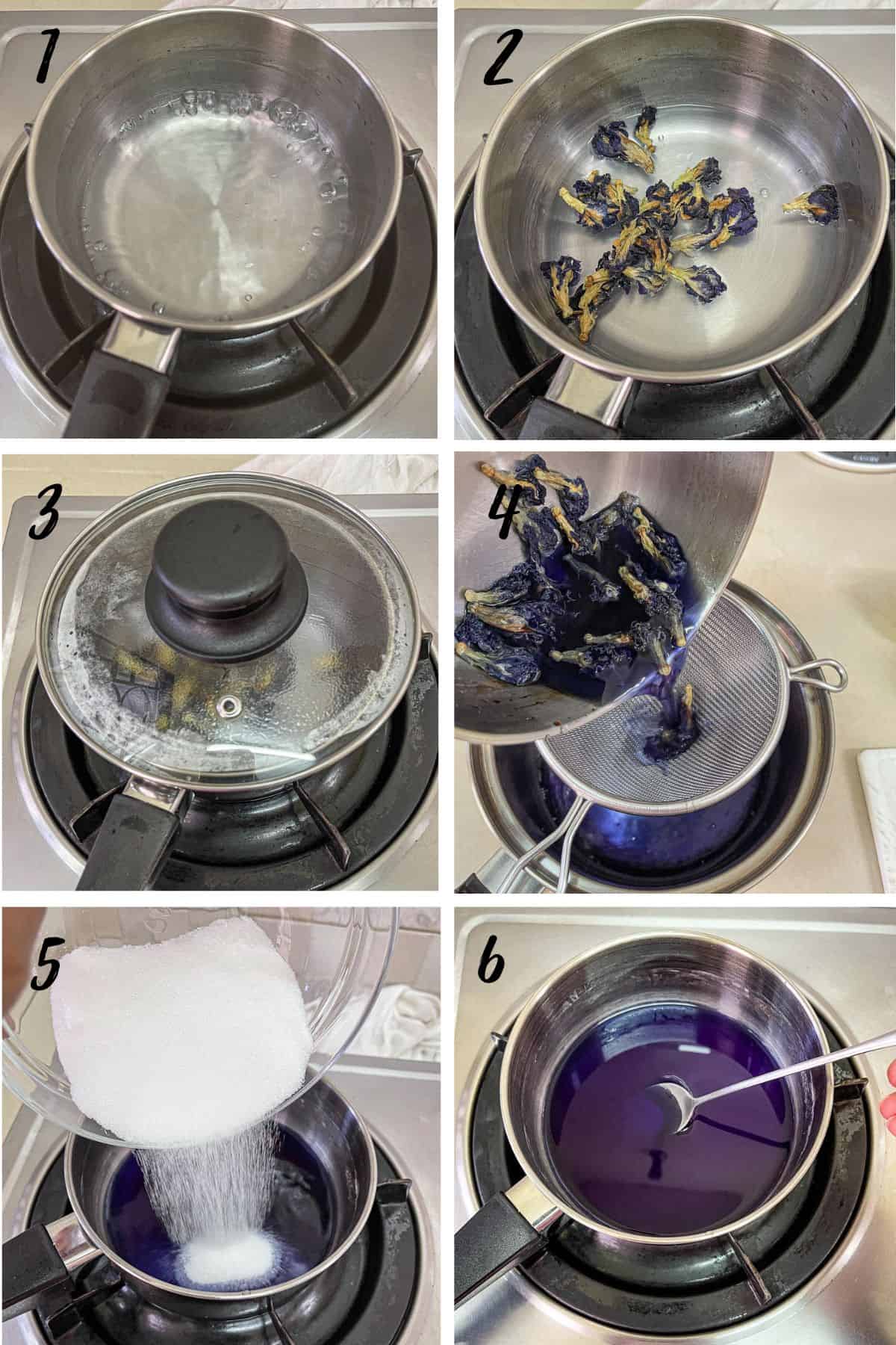 A poster of 6 images showing how to make butterfly pea tea.