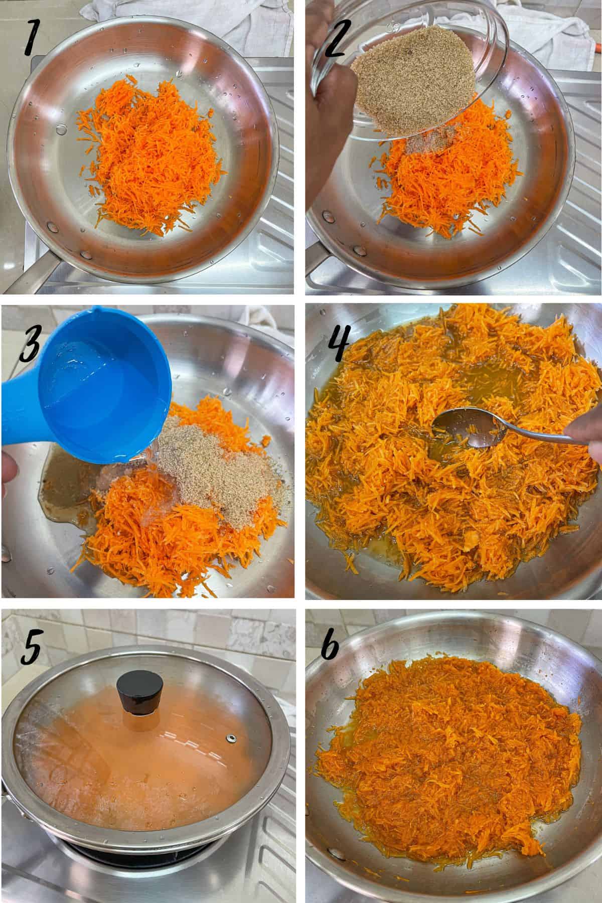 A poster of 6 images showing how to grate and cook carrots.