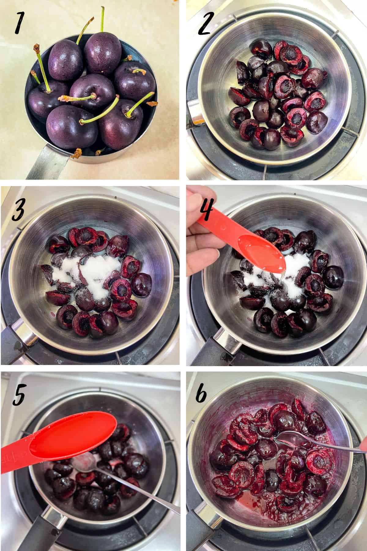 A poster of 6 images showing how to cook cherries to make cherry coulis.