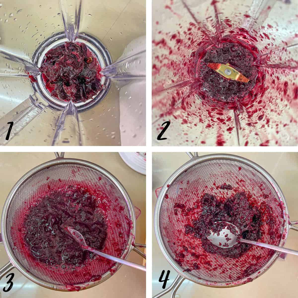 A poster of 4 images showing how to blend and strain cooked cherries.