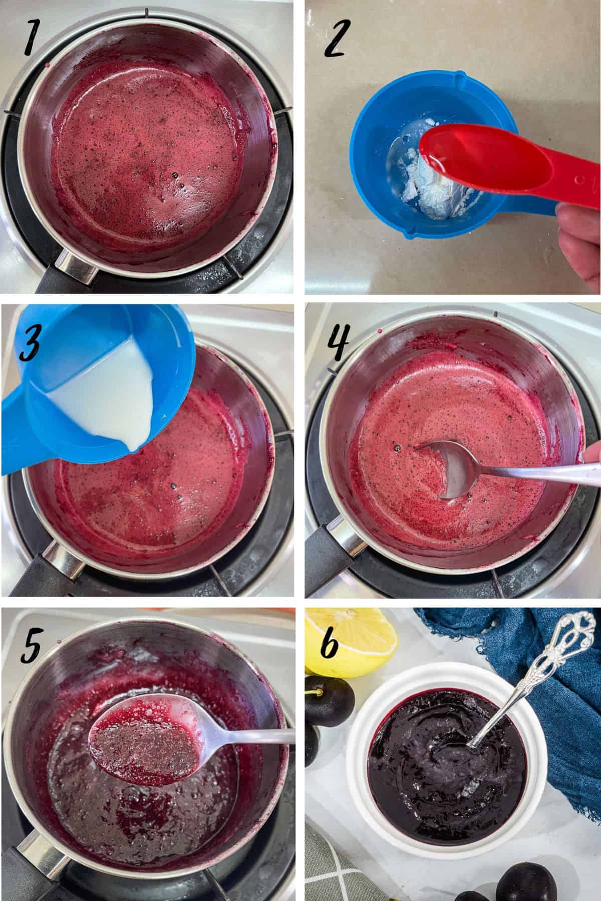 A poster of 6 images showing how to cook cherry sauce to make coulis.