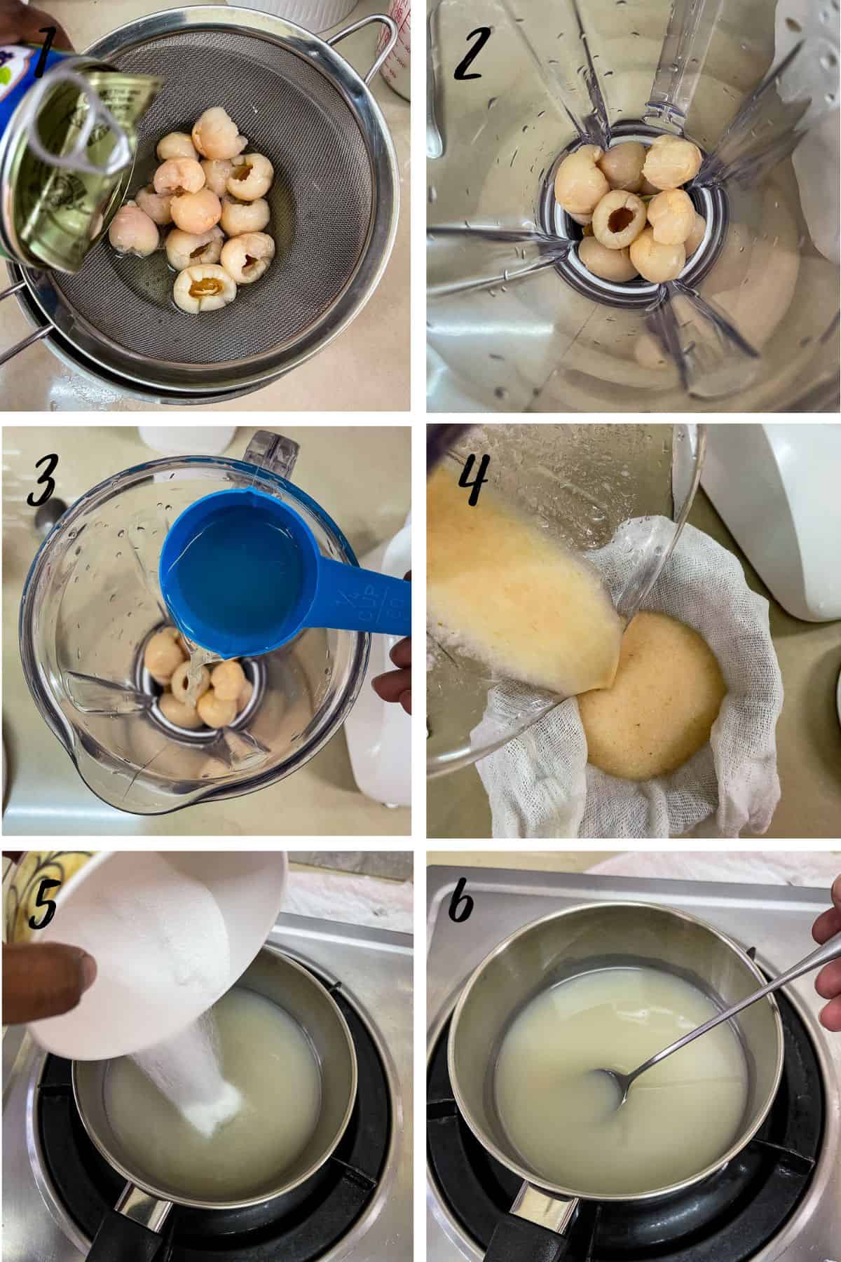 A poster of 6 images showing how to make lychee syrup.