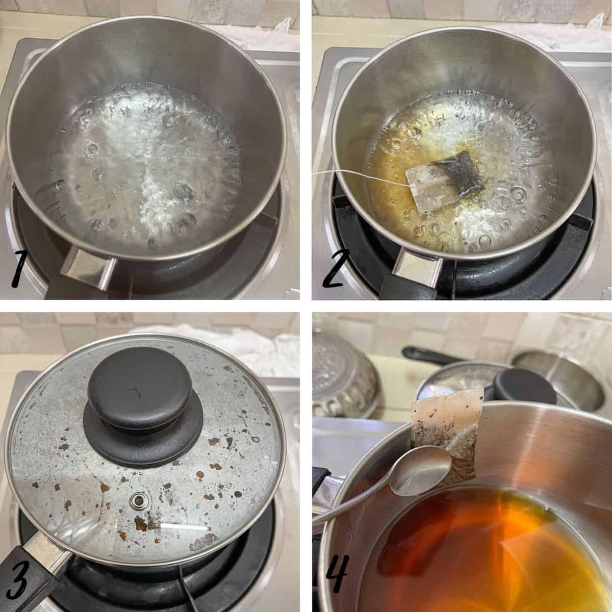 A poster of 4 images showing how to make black tea.