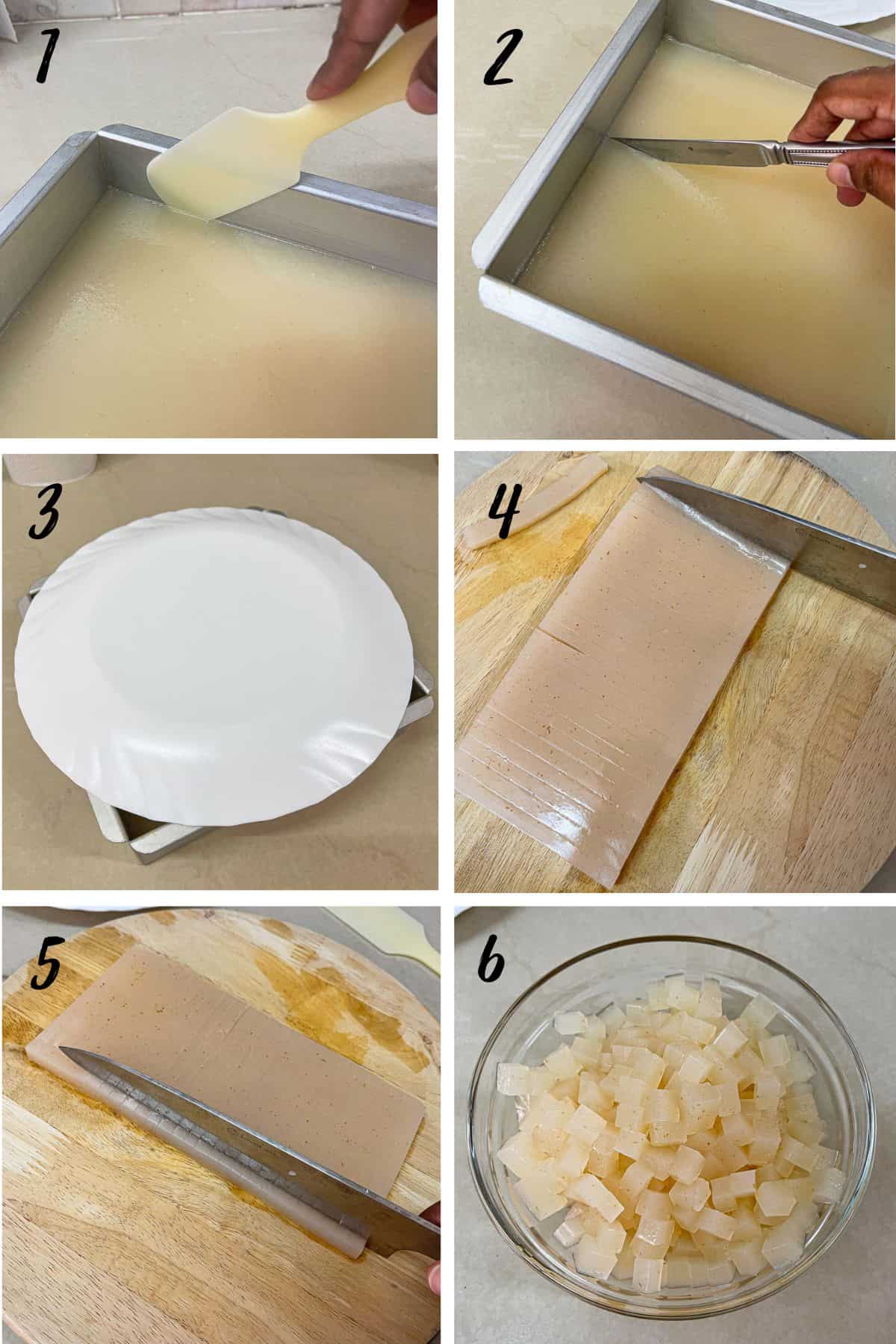 A poster of 6 images showing how to cut jelly into boba.