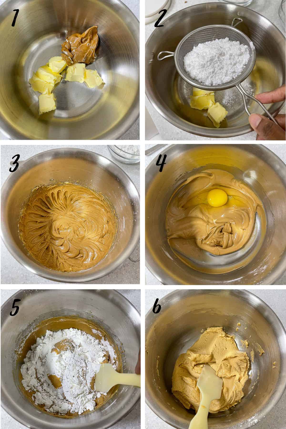 A poster of 6 images showing how to mix cookie dough.