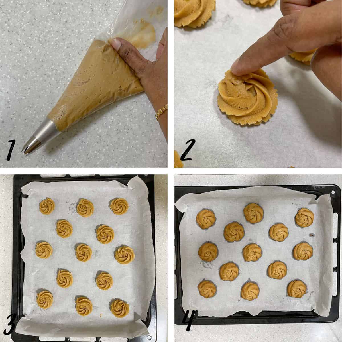 A poster of 4 images showing how to pipe Biscoff butter cookies.