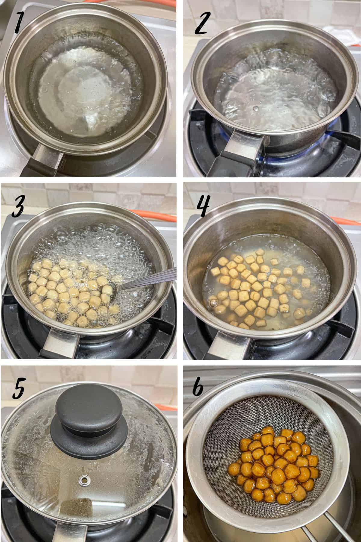 A poster of 6 images showing how to cook tapioca pearls (boba pearls).
